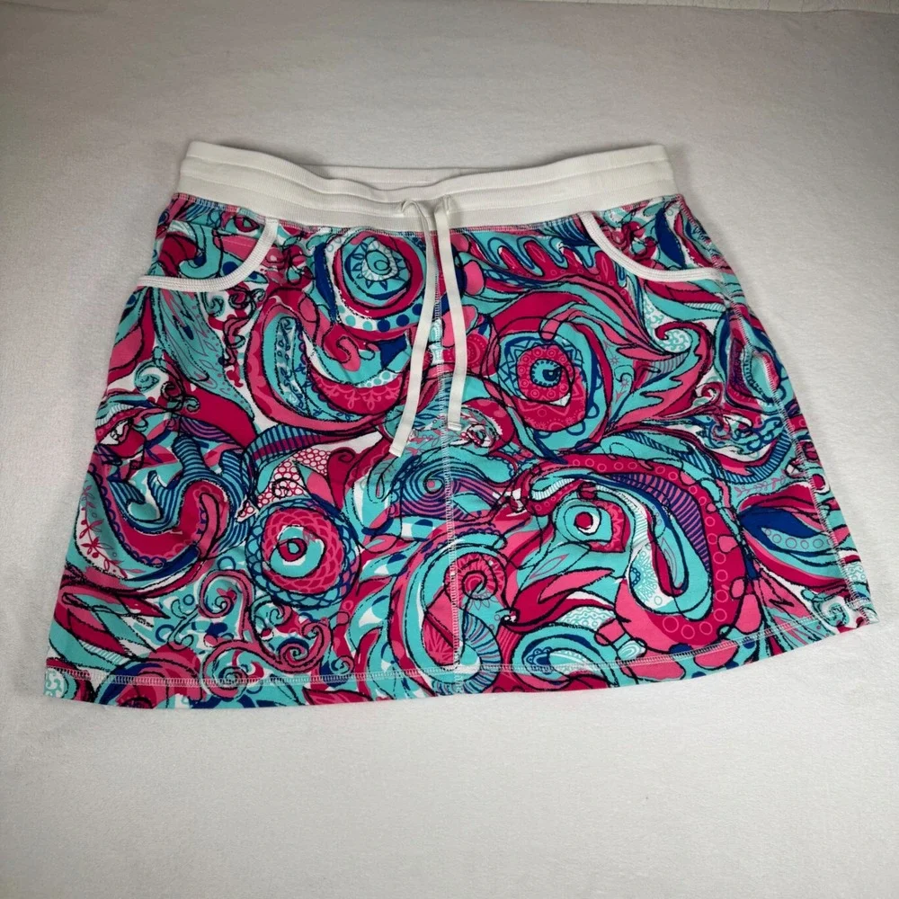 Talbots Women's Skort L Pink Blue Paisley Skort Elastic Waist Drawstring Pockets